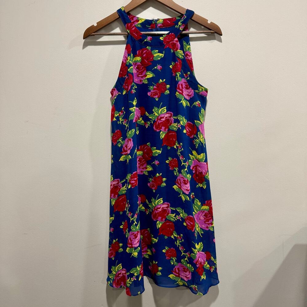Betsey Johnson Blue Floral Chiffon Halter Swing Mini Dress Size 2